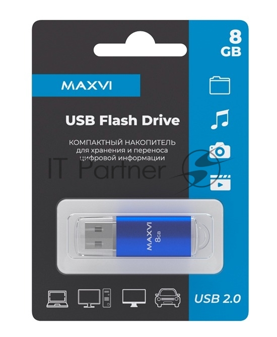 Флеш диск Maxvi MP 8GB USB 2.0 blue, монолит с колпачком, металл + ABS пластик