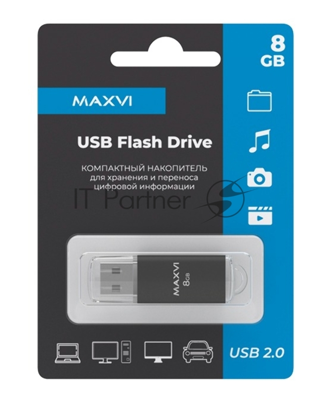 Флеш диск Maxvi MP 8GB USB 2.0 black, монолит с колпачком, металл + ABS пластик