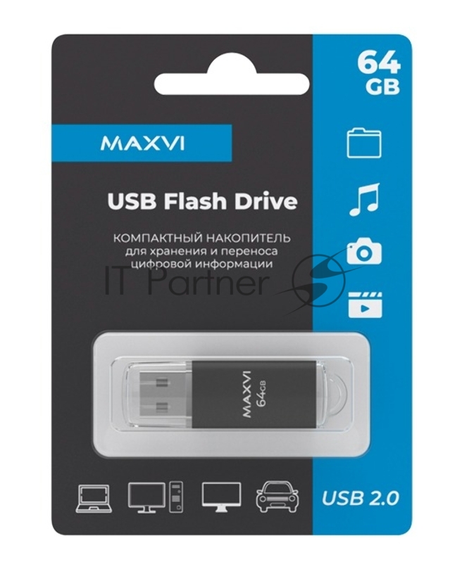 Флеш диск Maxvi MP 64GB USB 2.0 black, монолит с колпачком, металл + ABS пластик