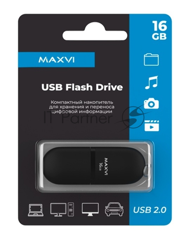 Флеш диск Maxvi SF 16GB USB 2.0 black, монолит с колпачком, soft touch