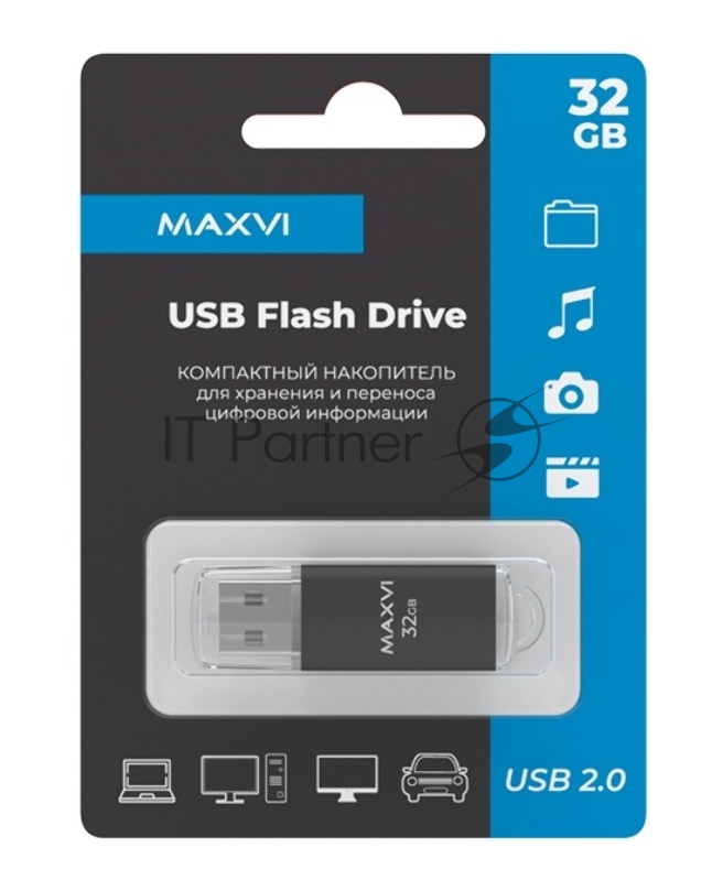 Флеш диск Maxvi MP 32GB USB 2.0 black, монолит с колпачком, металл + ABS пластик