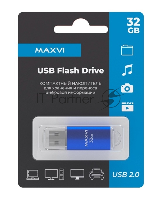 Флеш диск Maxvi MP 32GB USB 2.0 blue, монолит с колпачком, металл + ABS пластик