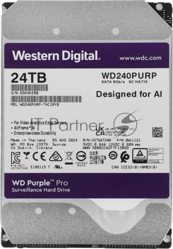 Жесткий диск WD SATA-III 24TB WD240PURP Surveillance Purple Pro (7200rpm) 512Mb 3.5