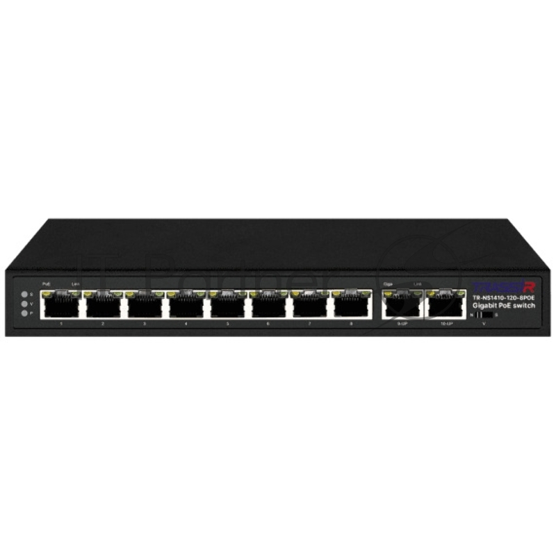 Неуправляемый коммутатор TRASSIR TR-NS1410-120-8POE с 8 PoE портами (10/100/1000 Мбит/с (Base-T)) 2 Uplink (10/100/1000 Мбит/с (Base-T)), стандарты PoE EEE802.3af, EEE802.3at, EEE802.3bt, максимальная мощность на порт 90Вт, общая - 120 Вт.