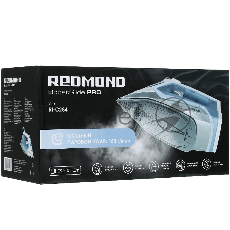 Утюг Redmond RI-C284 голубой, 2200 Вт, подошва - керамика, пар 35 г/мин, паровой удар 160 г/мин, самоочистка, антикапля
