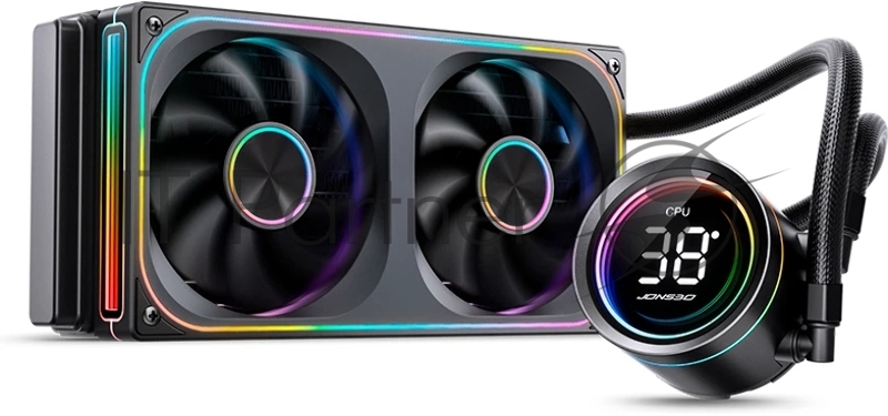 Система жидкостного охлаждения/ Water Cooling System JONSBO TH-240 Black (260W, 240mm, LED temp., Black, ARGB/ Fans: 2x120mm, 62.4CFM, 37.3dBA, 2400RPM/ Pump height 72mm, 30dBA, 2400RPM, Rad thickness 27mm/ S: 1851, 1700, 1200, 115X, AM5, AM4)