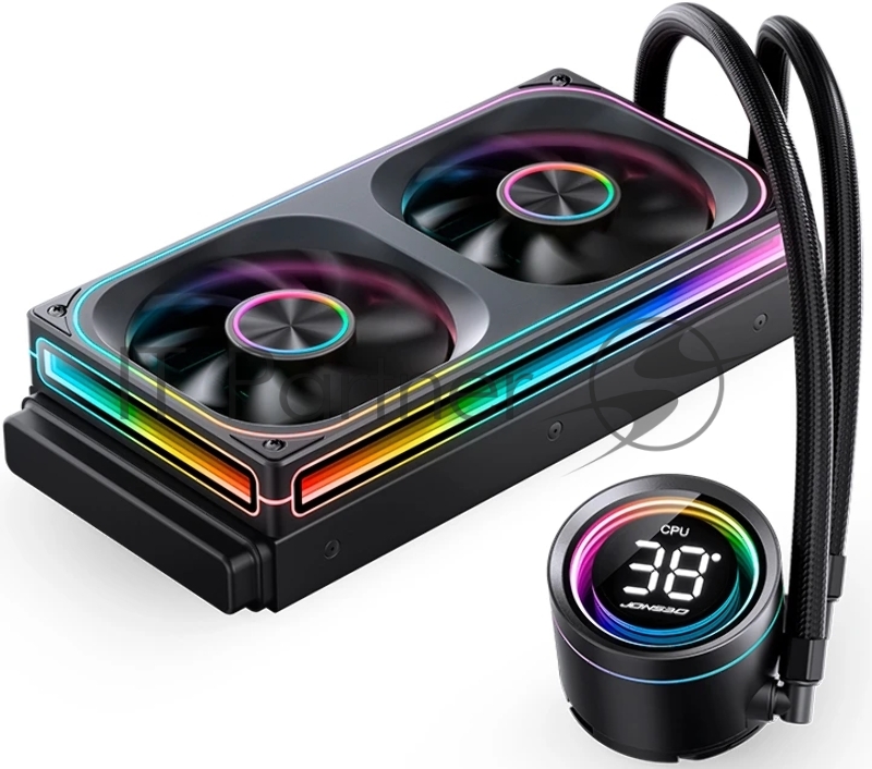 Система жидкостного охлаждения/ Water Cooling System JONSBO TH-240 Black (260W, 240mm, LED temp., Black, ARGB/ Fans: 2x120mm, 62.4CFM, 37.3dBA, 2400RPM/ Pump height 72mm, 30dBA, 2400RPM, Rad thickness 27mm/ S: 1851, 1700, 1200, 115X, AM5, AM4)