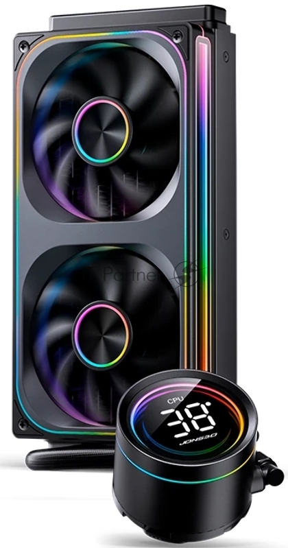 Система жидкостного охлаждения/ Water Cooling System JONSBO TH-240 Black (260W, 240mm, LED temp., Black, ARGB/ Fans: 2x120mm, 62.4CFM, 37.3dBA, 2400RPM/ Pump height 72mm, 30dBA, 2400RPM, Rad thickness 27mm/ S: 1851, 1700, 1200, 115X, AM5, AM4)