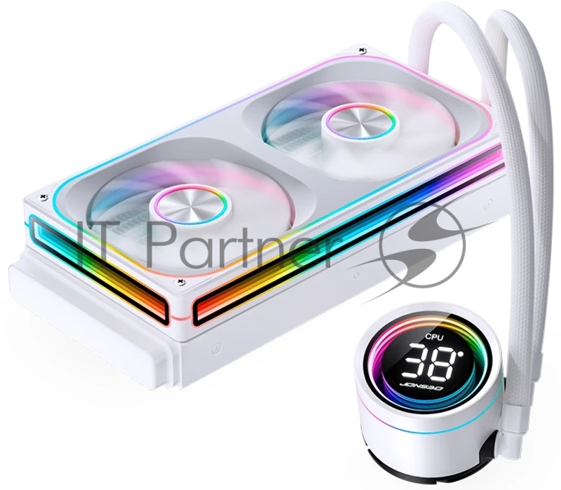 Система жидкостного охлаждения/ Water Cooling System JONSBO TH-240 White (260W, 240mm, LED temp., White, ARGB/ Fans: 2x120mm, 62.4CFM, 37.3dBA, 2400RPM/ Pump height 72mm, 30dBA, 2400RPM, Rad thickness 27mm/ S: 1851, 1700, 1200, 115X, AM5, AM4)