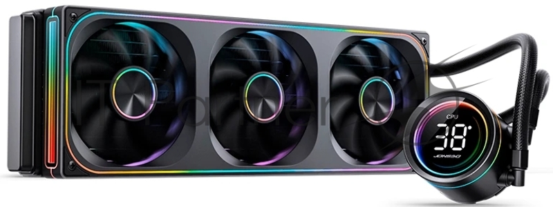 Система жидкостного охлаждения/ Water Cooling System JONSBO TH-360 Black (300W, 360mm, LED temp., Black, ARGB/ Fans: 3x120mm, 62.4CFM, 37.3dBA, 2400RPM/ Pump height 72mm, 30dBA, 2400RPM, Rad thickness 27mm/ S: 1851, 1700, 1200, 115X, AM5, AM4)