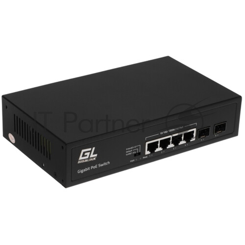 Коммутатор GIGALINK GL-SW-G005-04P(BT) - неуправляемый, 4 PoE (802.3af/at/BT) порта 10/100/1000Мбит/с (1 порт до 60Вт, 3-4 порт до 250м cat6), 2 SFP порта 1000Мбит/с, 120Вт