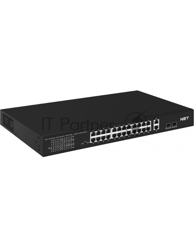 Коммутатор PoE NST NS-SW-24F2G-P - Fast Ethernet. Порты: 24 x FE (10/100 Base-T) с поддержкой PoE (IEEE 802.3af/at), 2 x GE Combo Uplink (RJ45 + SFP). Мощность PoE на порт - до 30W. Суммарная мощность PoE до 385W