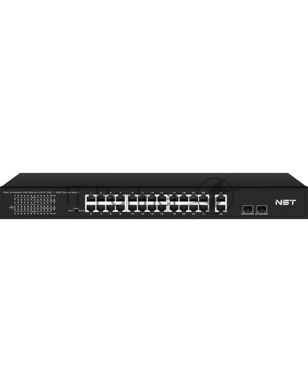 Коммутатор PoE NST NS-SW-24F2G-P - Fast Ethernet. Порты: 24 x FE (10/100 Base-T) с поддержкой PoE (IEEE 802.3af/at), 2 x GE Combo Uplink (RJ45 + SFP). Мощность PoE на порт - до 30W. Суммарная мощность PoE до 385W
