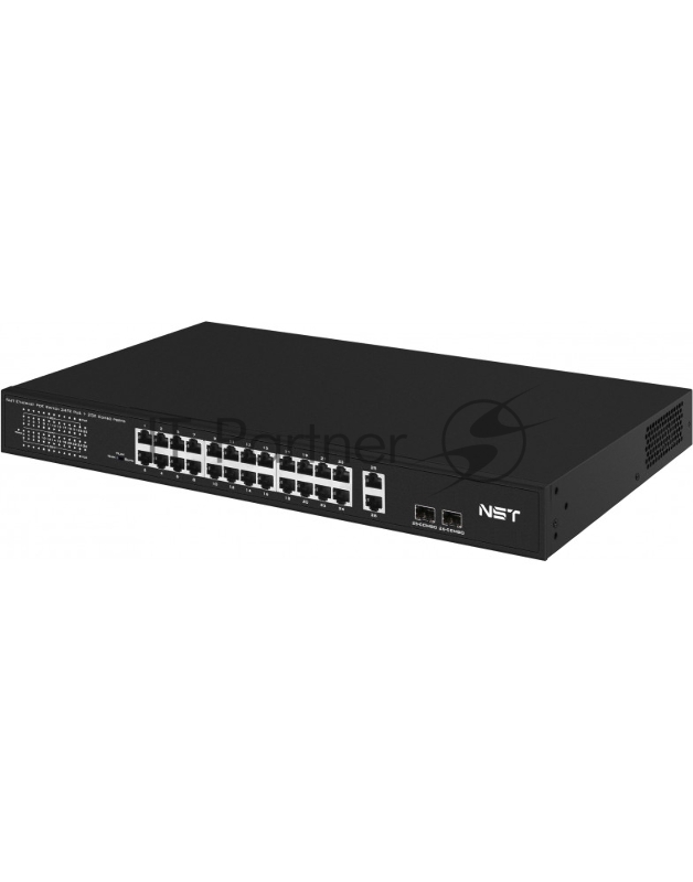 Коммутатор PoE NST NS-SW-24F2G-P - Fast Ethernet. Порты: 24 x FE (10/100 Base-T) с поддержкой PoE (IEEE 802.3af/at), 2 x GE Combo Uplink (RJ45 + SFP). Мощность PoE на порт - до 30W. Суммарная мощность PoE до 385W