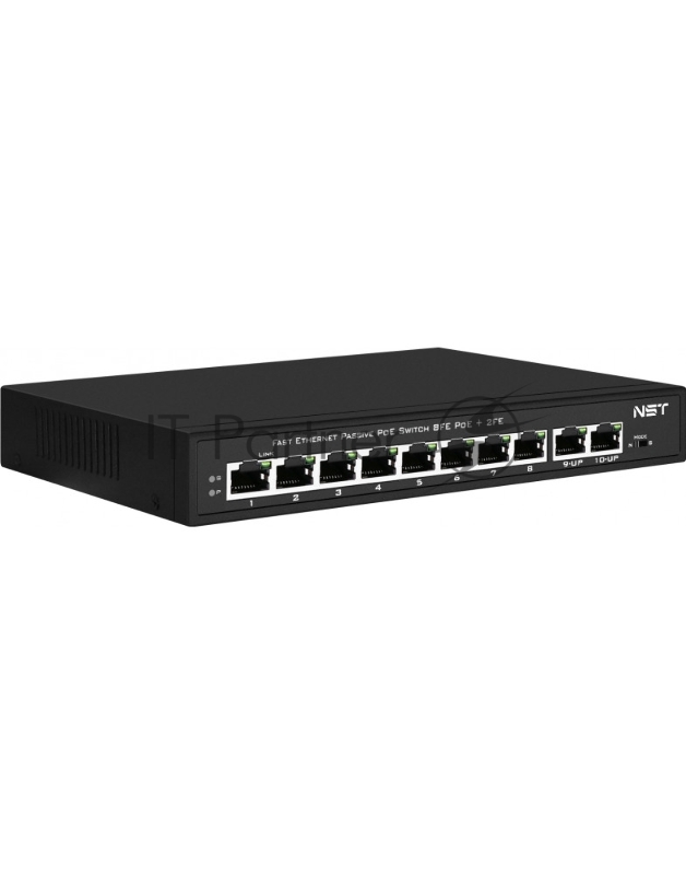 Passive Коммутатор PoE NST NS-SW-8F2F-P/A - Fast Ethernet на 10 портов. Порты: 8 х FE (10/100 Base-T, 52V 4,5(+) 7,8(–)) совместимы с PoE (IEEE 802.3af/at), 2 x FE (10/100 Base-T) Uplink. Мощность PoE на порт - до 30W.