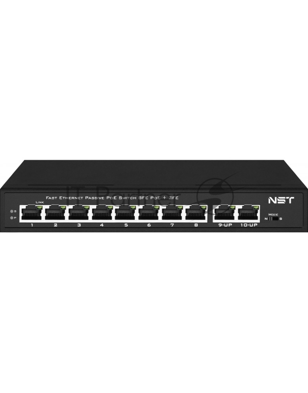 Passive Коммутатор PoE NST NS-SW-8F2F-P/A - Fast Ethernet на 10 портов. Порты: 8 х FE (10/100 Base-T, 52V 4,5(+) 7,8(–)) совместимы с PoE (IEEE 802.3af/at), 2 x FE (10/100 Base-T) Uplink. Мощность PoE на порт - до 30W.