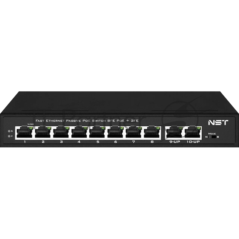 Passive Коммутатор PoE NST NS-SW-8F2F-P/A - Fast Ethernet на 10 портов. Порты: 8 х FE (10/100 Base-T, 52V 4,5(+) 7,8(–)) совместимы с PoE (IEEE 802.3af/at), 2 x FE (10/100 Base-T) Uplink. Мощность PoE на порт - до 30W.
