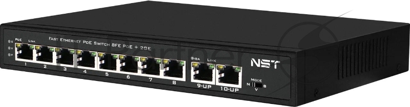 Passive Коммутатор PoE NST NS-SW-8F2F-P/A - Fast Ethernet на 10 портов. Порты: 8 х FE (10/100 Base-T, 52V 4,5(+) 7,8(–)) совместимы с PoE (IEEE 802.3af/at), 2 x FE (10/100 Base-T) Uplink. Мощность PoE на порт - до 30W.