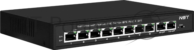Passive Коммутатор PoE NST NS-SW-8F2F-P/A - Fast Ethernet на 10 портов. Порты: 8 х FE (10/100 Base-T, 52V 4,5(+) 7,8(–)) совместимы с PoE (IEEE 802.3af/at), 2 x FE (10/100 Base-T) Uplink. Мощность PoE на порт - до 30W.