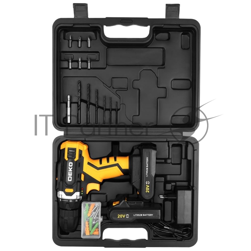 Аккумуляторная дрель-шуруповерт DEKO Banger 20V ONE + в кейсе + набор 63 инструмента для дома, 20В, 2х1.5Ач