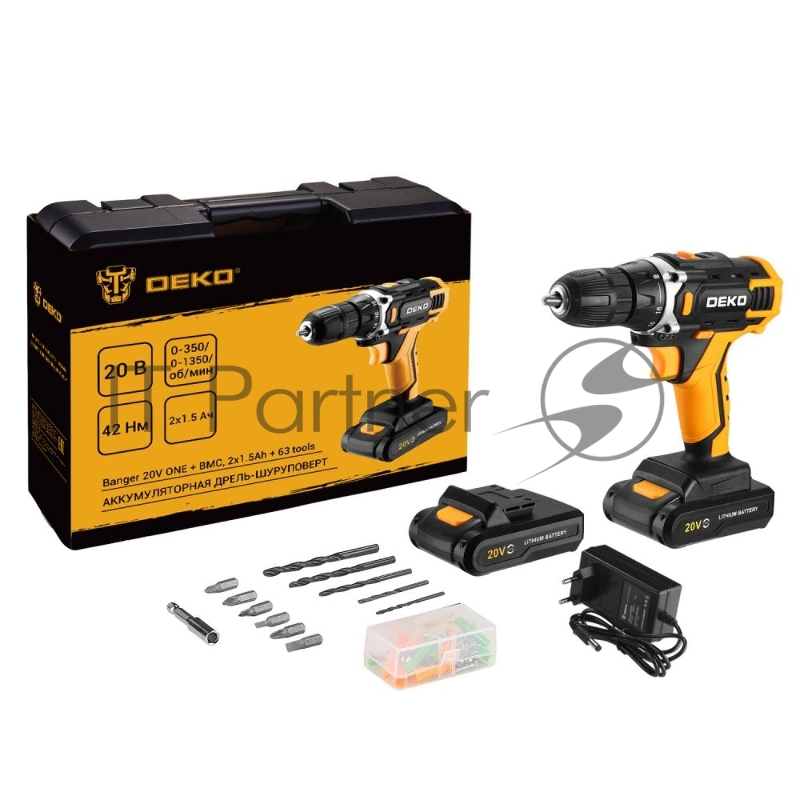Аккумуляторная дрель-шуруповерт DEKO Banger 20V ONE + в кейсе + набор 63 инструмента для дома, 20В, 2х1.5Ач