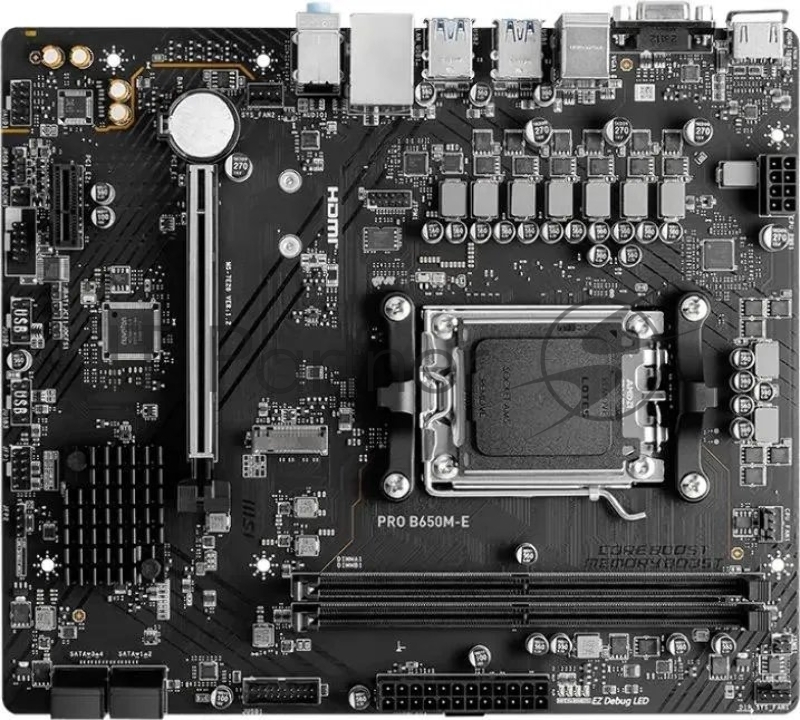 Материнская плата PRO B650M-E, AM5, AMD B650, 2xDDR5, 4xSATA, 1xM.2, 1xPCIe 4.0 x16, 1xPCIe 3.0 x1, 1xHDMI, 1xVGA, 1x1Gb LAN, Wi-Fi 6E, Bluetooth 5.3, 4xUSB-A 5Gbps, 6xUSB-A 2.0, 3x3.5 мм, 7.1, mATX