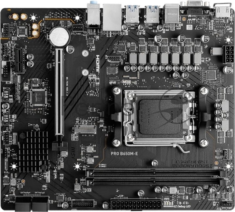 Материнская плата PRO B650M-E, AM5, AMD B650, 2xDDR5, 4xSATA, 1xM.2, 1xPCIe 4.0 x16, 1xPCIe 3.0 x1, 1xHDMI, 1xVGA, 1x1Gb LAN, Wi-Fi 6E, Bluetooth 5.3, 4xUSB-A 5Gbps, 6xUSB-A 2.0, 3x3.5 мм, 7.1, mATX