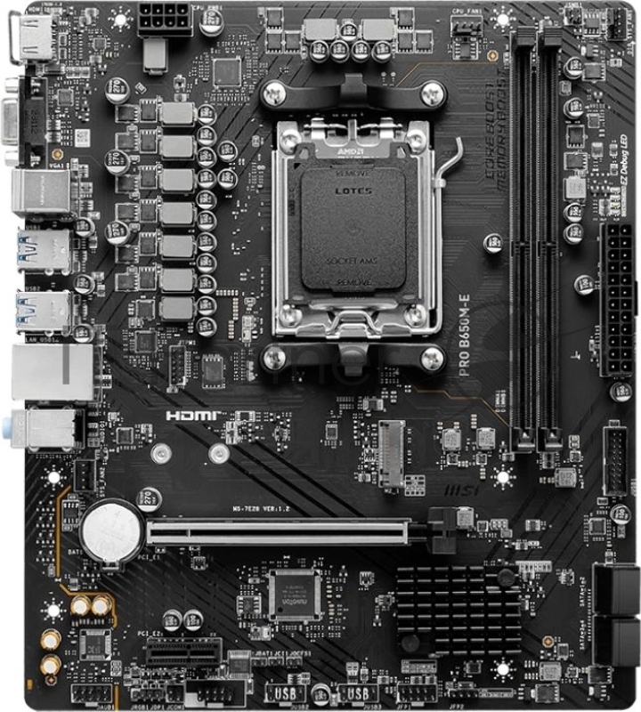 Материнская плата PRO B650M-E, AM5, AMD B650, 2xDDR5, 4xSATA, 1xM.2, 1xPCIe 4.0 x16, 1xPCIe 3.0 x1, 1xHDMI, 1xVGA, 1x1Gb LAN, Wi-Fi 6E, Bluetooth 5.3, 4xUSB-A 5Gbps, 6xUSB-A 2.0, 3x3.5 мм, 7.1, mATX