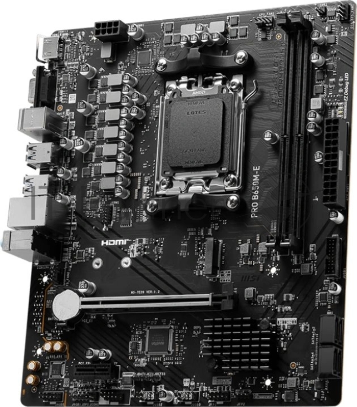 Материнская плата PRO B650M-E, AM5, AMD B650, 2xDDR5, 4xSATA, 1xM.2, 1xPCIe 4.0 x16, 1xPCIe 3.0 x1, 1xHDMI, 1xVGA, 1x1Gb LAN, Wi-Fi 6E, Bluetooth 5.3, 4xUSB-A 5Gbps, 6xUSB-A 2.0, 3x3.5 мм, 7.1, mATX