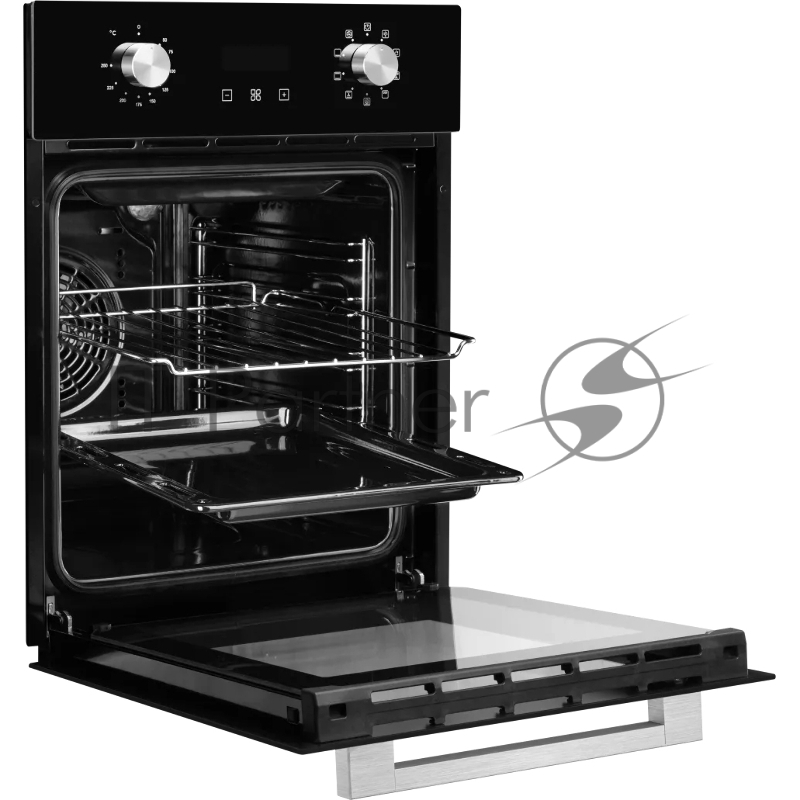 Электрический духовой шкаф Monsher MOE 4592 Acier ширина 45 см, High-Tech, 50 л, гидролизная очистка, 9 режимов, черный/нерж. сталь
