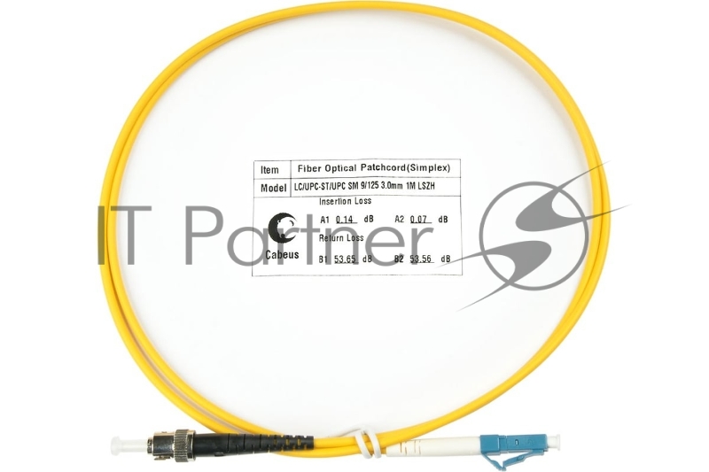 Комм. шнур оптический Cabeus Tight Buffer, Simplex LC/ST, OS2 9/125, LSZH, 1м, Ø 3мм, чёрный хвостовик, цвет: жёлтый