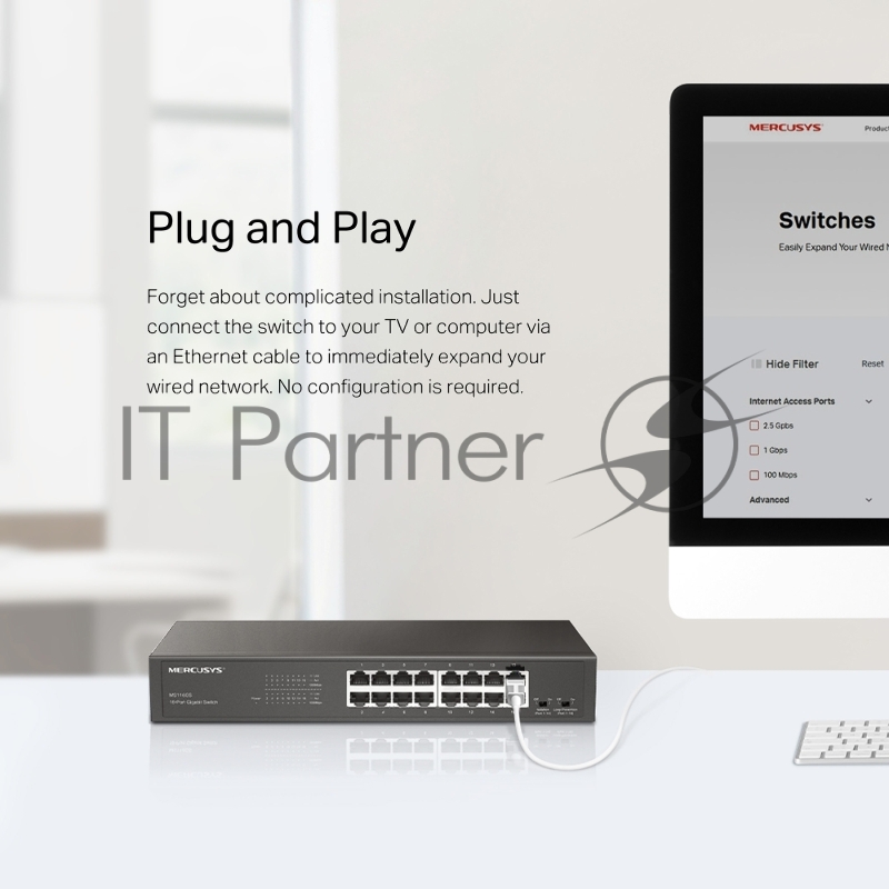 Коммутатор Mercusys MS116GS с 16 гигабитными портами для размещения на столе или в стойке