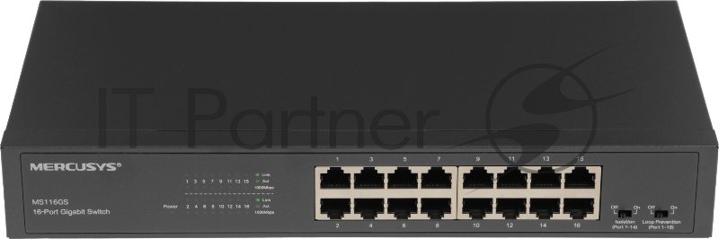 Коммутатор Mercusys MS116GS с 16 гигабитными портами для размещения на столе или в стойке