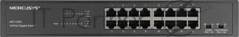 Коммутатор Mercusys MS116GS с 16 гигабитными портами для размещения на столе или в стойке