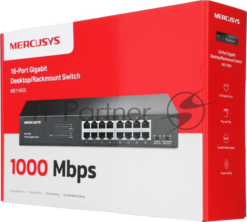Коммутатор Mercusys MS116GS с 16 гигабитными портами для размещения на столе или в стойке