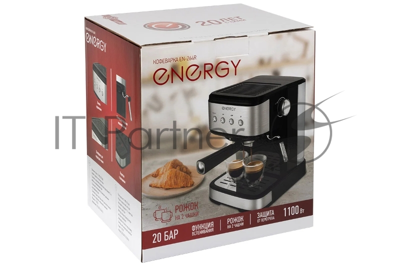 Кофеварка рожковая ENERGY EN-264R (108170) стальной/черный, исп. кофе - молотый, 1.5 л, 1100 Вт, 20 бар