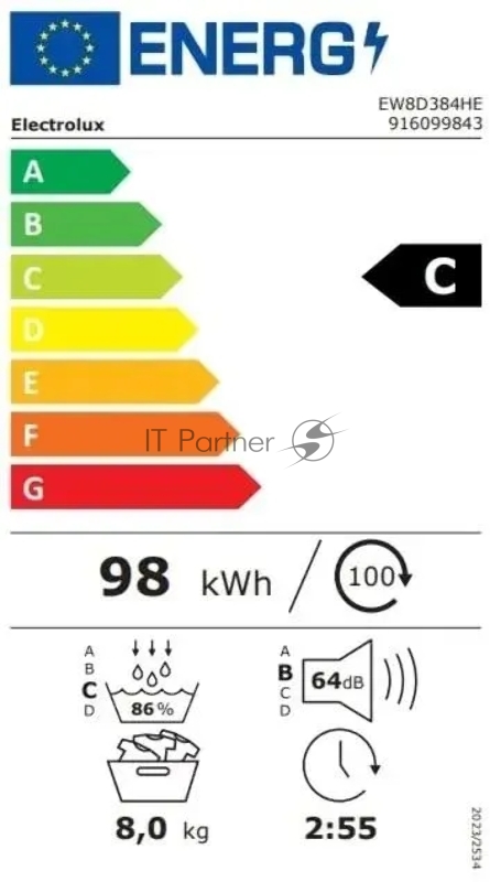 Сушильная машина Electrolux EW8D384HE белый, 8 кг, сушка - конденсационная (тепловой насос), программ - 12, 59.6 x 85 x 63.8 см (пан.англ.)