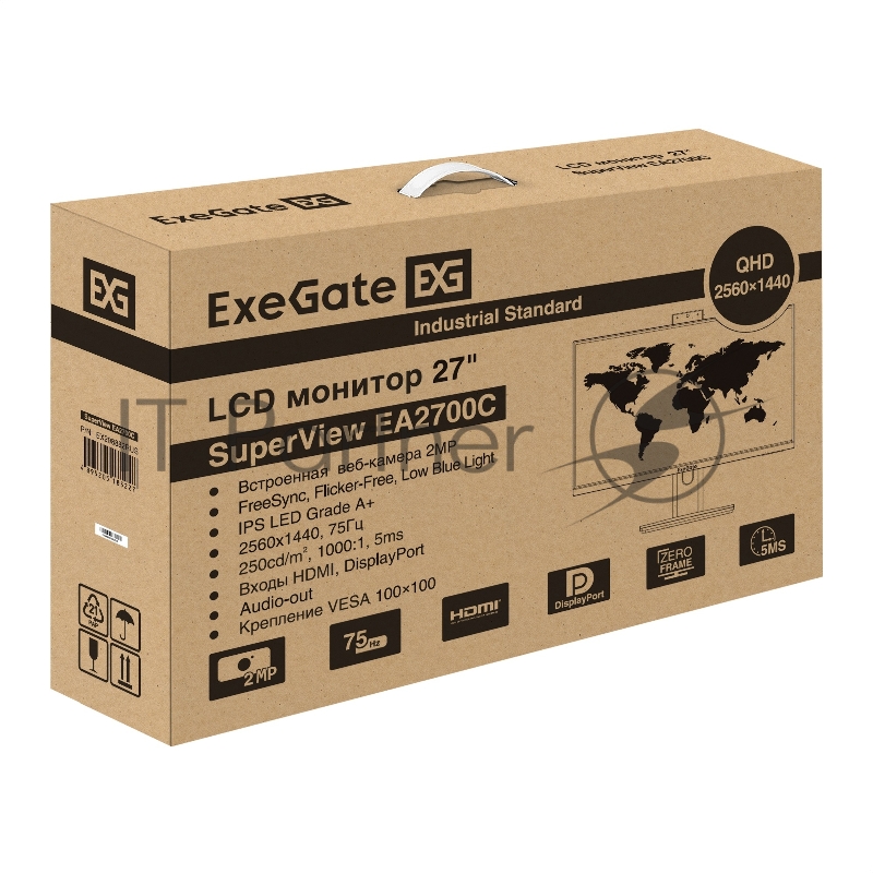 Монитор со встроенной веб-камерой и аудио выходом 27 WQHD ExeGate SuperView EA2700C (IPS LED Grade A+, 2560x1440@75Гц (WQHD), 16:9, 250cd/m2, 1000:1, 178°/178°, 5ms, HDMI2.0, DisplayPort, USB, audio-out, FHD веб-камера 2MP, микрофон, Flicker-free, Fr