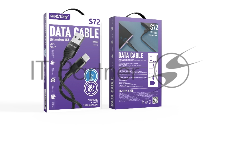 Кабель Smartbuy S72 Type C черный, 3 А, сил., 1м,
