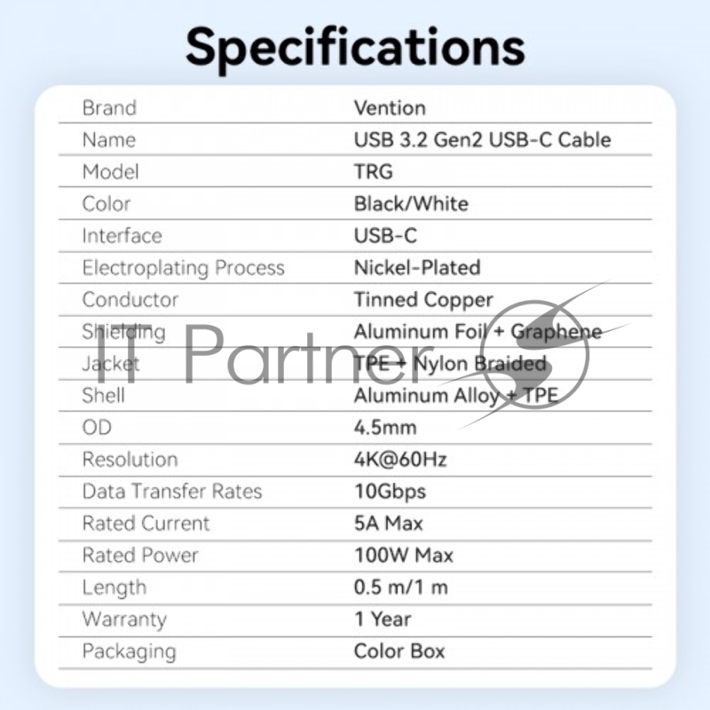Кабель Vention USB 3.2 Gen2 CM/CM - 1м. Белый 5А PD100W, шт.
