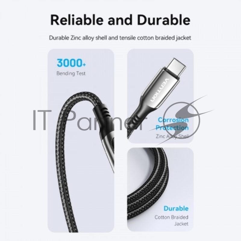 Кабель Vention USB 2.0 CM/CM с LED дисплеем - 1.2м. Чёрный 5А PD100W, шт.