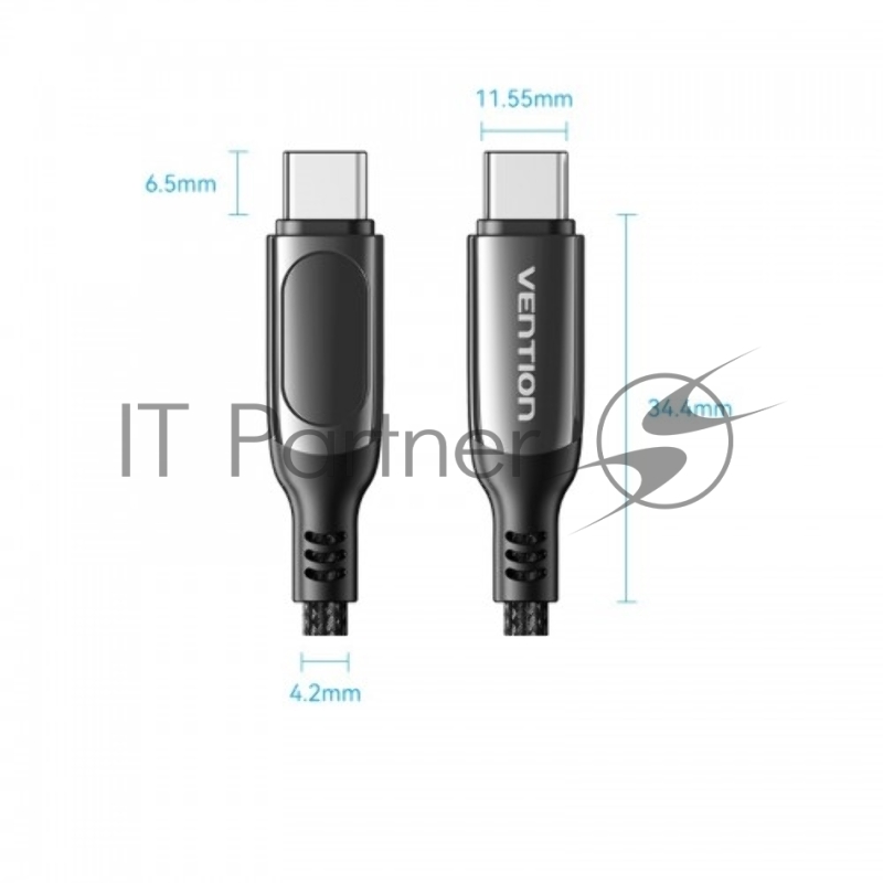 Кабель Vention USB 2.0 CM/CM с LED дисплеем - 1.2м. Чёрный 5А PD100W, шт.
