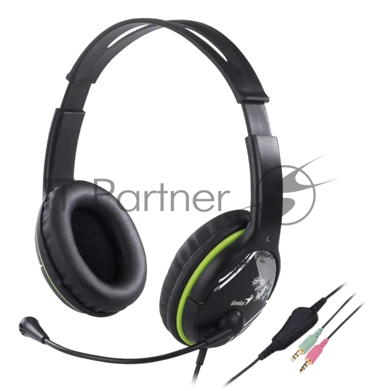 Гарнитура проводная для ПК Genius HS-400A /регулируемое оголовье/регулировка громкости/гибкий микрофон/подключение 2х3.5мм + переходник на 1х3.5мм/кабель 1.8м/черный (31710031400)