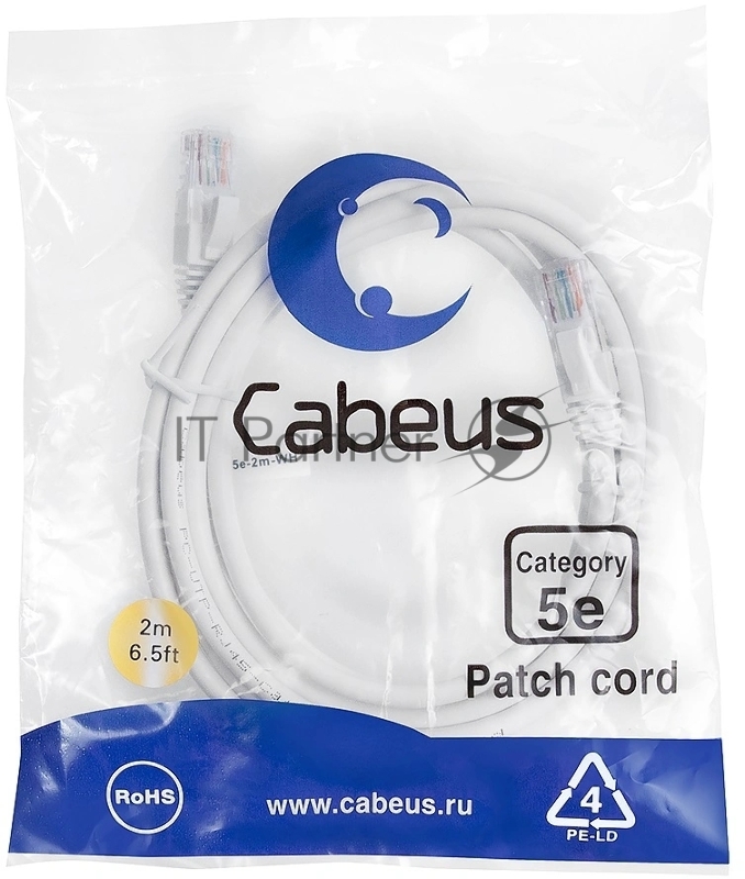Шнур комм. Cabeus, кат. 5е, неэкр., U/UTP, RJ45/RJ45, LSZH, AWG24, 2м, белый
