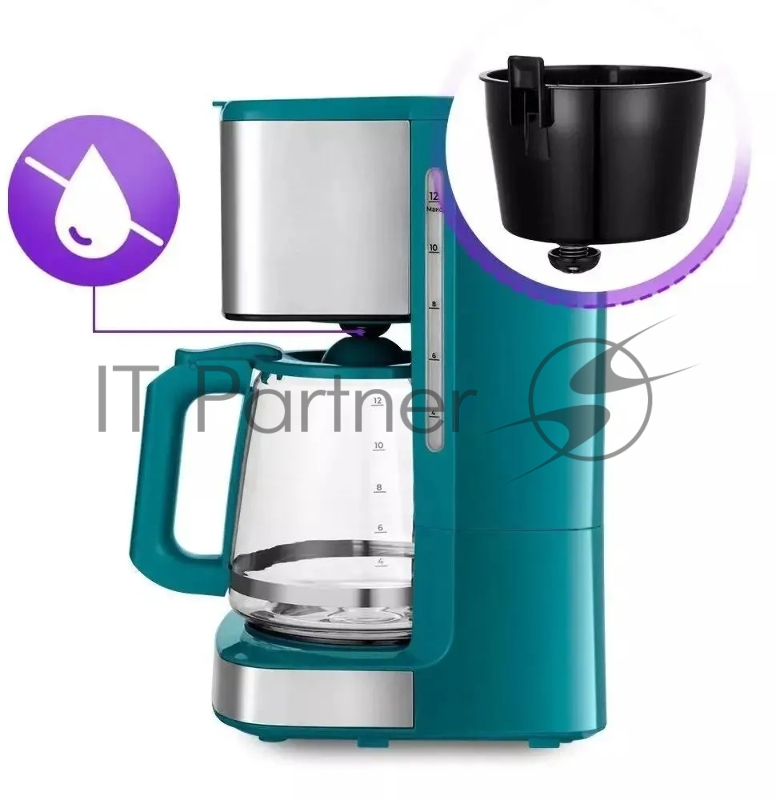 Кофеварка капельная Kitfort КТ-7251 бирюзовый/нержавеющая сталь, исп. кофе - молотый, 1,8 л, 1000 Вт