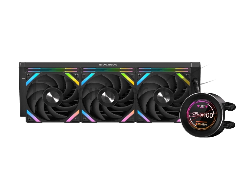 Водяное охлаждение для процессора SAMA Q60 Black (360mm, LED temp., черный, ARGB/ Fans: 3x120mm, 86CFM, 30dBA, 2600RPM/ Pump height 64mm, 30dBA, 2800RPM, Rad thickness 27mm/ S: 1851, 1700, 1200, 20XX, 115X, AM5, AM4)