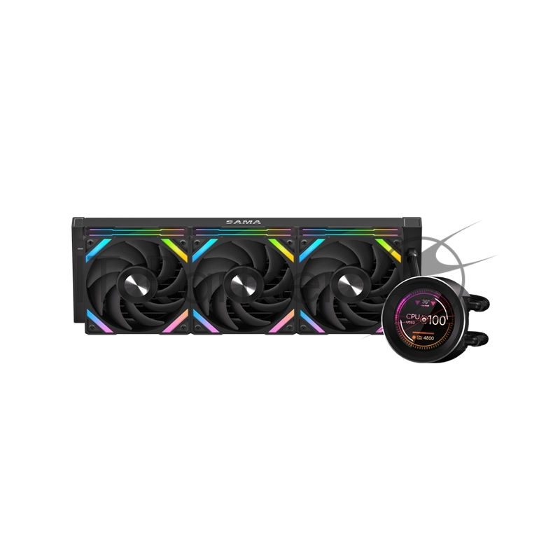 Водяное охлаждение для процессора SAMA Q60 Black (360mm, LED temp., черный, ARGB/ Fans: 3x120mm, 86CFM, 30dBA, 2600RPM/ Pump height 64mm, 30dBA, 2800RPM, Rad thickness 27mm/ S: 1851, 1700, 1200, 20XX, 115X, AM5, AM4)