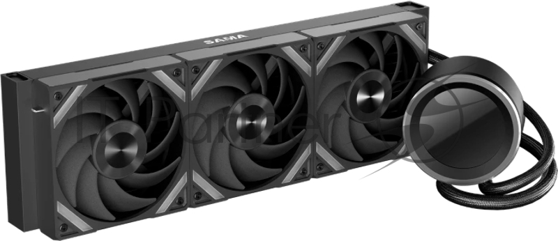 Водяное охлаждение для процессора SAMA Q60 Black (360mm, LED temp., черный, ARGB/ Fans: 3x120mm, 86CFM, 30dBA, 2600RPM/ Pump height 64mm, 30dBA, 2800RPM, Rad thickness 27mm/ S: 1851, 1700, 1200, 20XX, 115X, AM5, AM4)