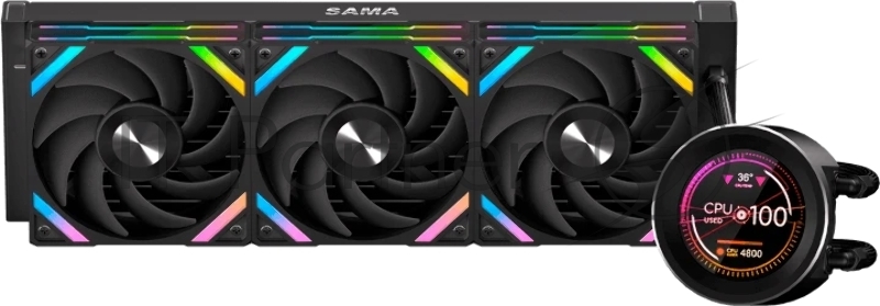 Водяное охлаждение для процессора SAMA Q60 Black (360mm, LED temp., черный, ARGB/ Fans: 3x120mm, 86CFM, 30dBA, 2600RPM/ Pump height 64mm, 30dBA, 2800RPM, Rad thickness 27mm/ S: 1851, 1700, 1200, 20XX, 115X, AM5, AM4)
