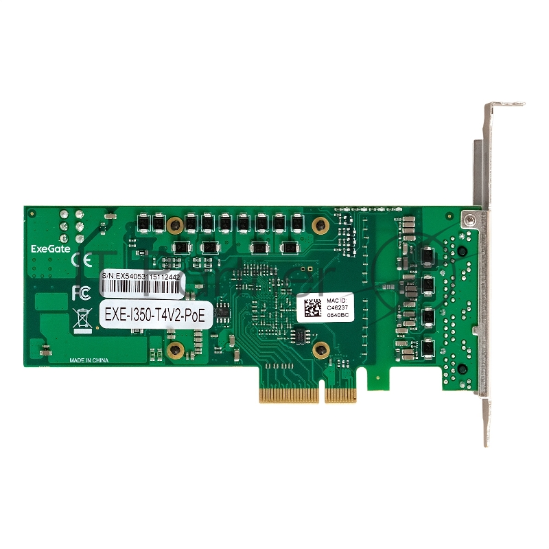 Сетевой адаптер ExeGate EXE-I350-T4V2-PoE (PCI-E x4 v2.1, порты 4xRJ45 PoE (медные, с поддержкой PoE), 10/100/1000Mbps, Gigabit Frame Grabber NIC Intel Chipset NHI350AM4)